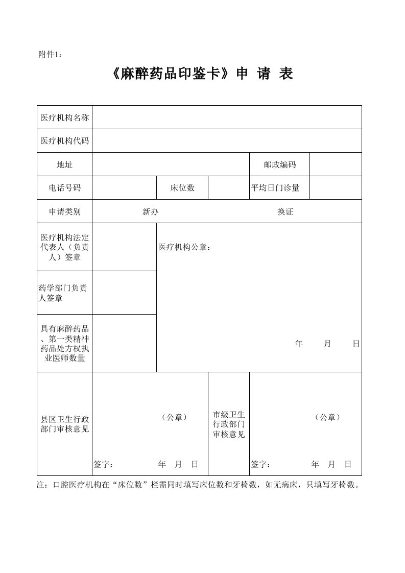 麻醉药品印鉴卡申请表