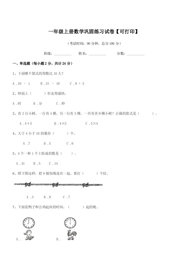 2020-2021年罗定市罗城镇南区小学一年级上册数学巩固练习试卷【可打印】