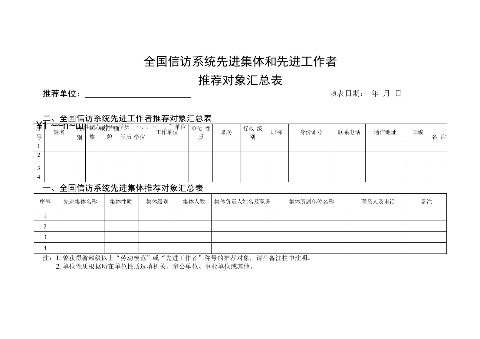 全国信访系统先进集体和先进工作者推荐对象汇总表