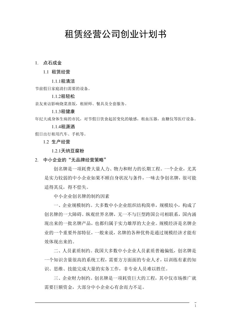 租赁经营公司创业计划书