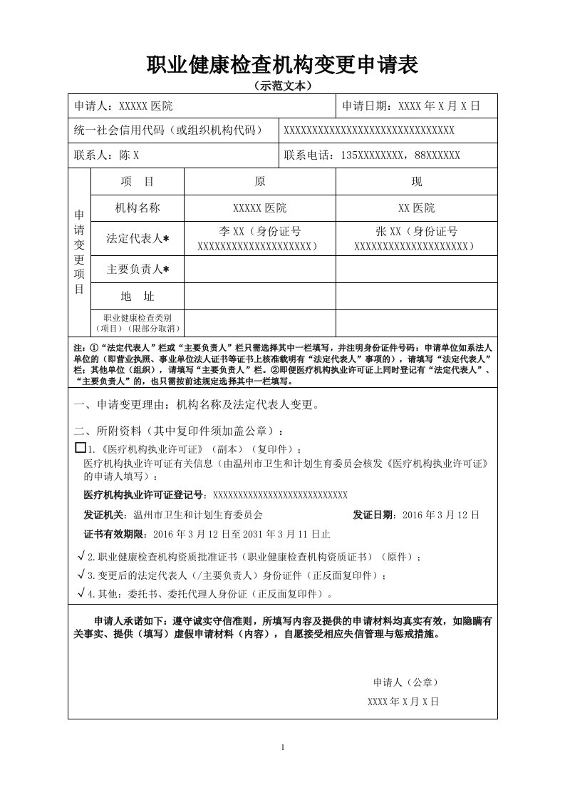 职业健康检查机构变更申请表