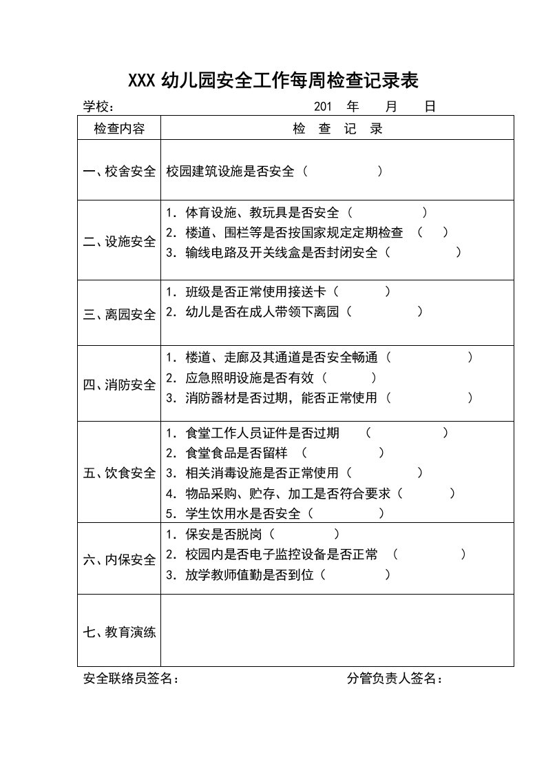 幼儿园每周安全检查记录表