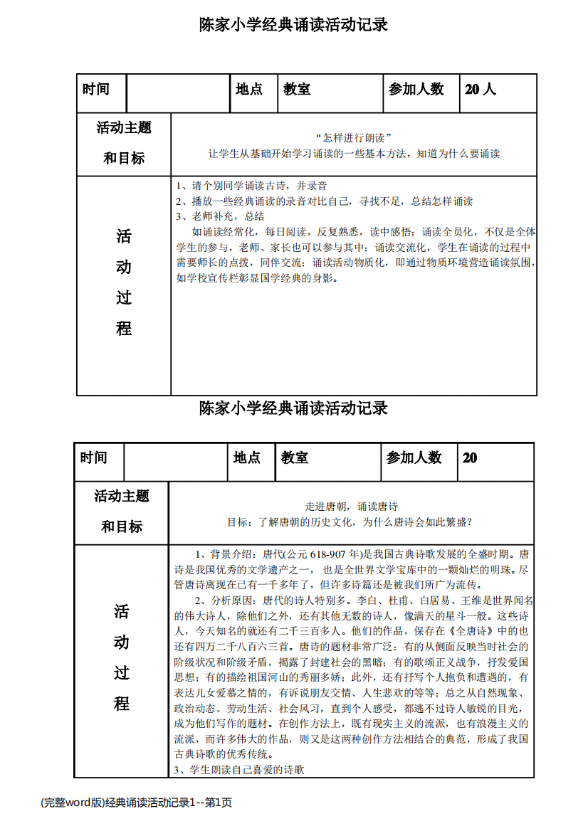 (完整word版)经典诵读活动记录1