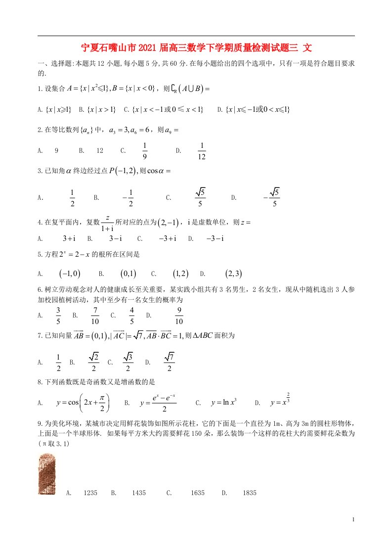 宁夏石嘴山市2021届高三数学下学期质量检测试题三文