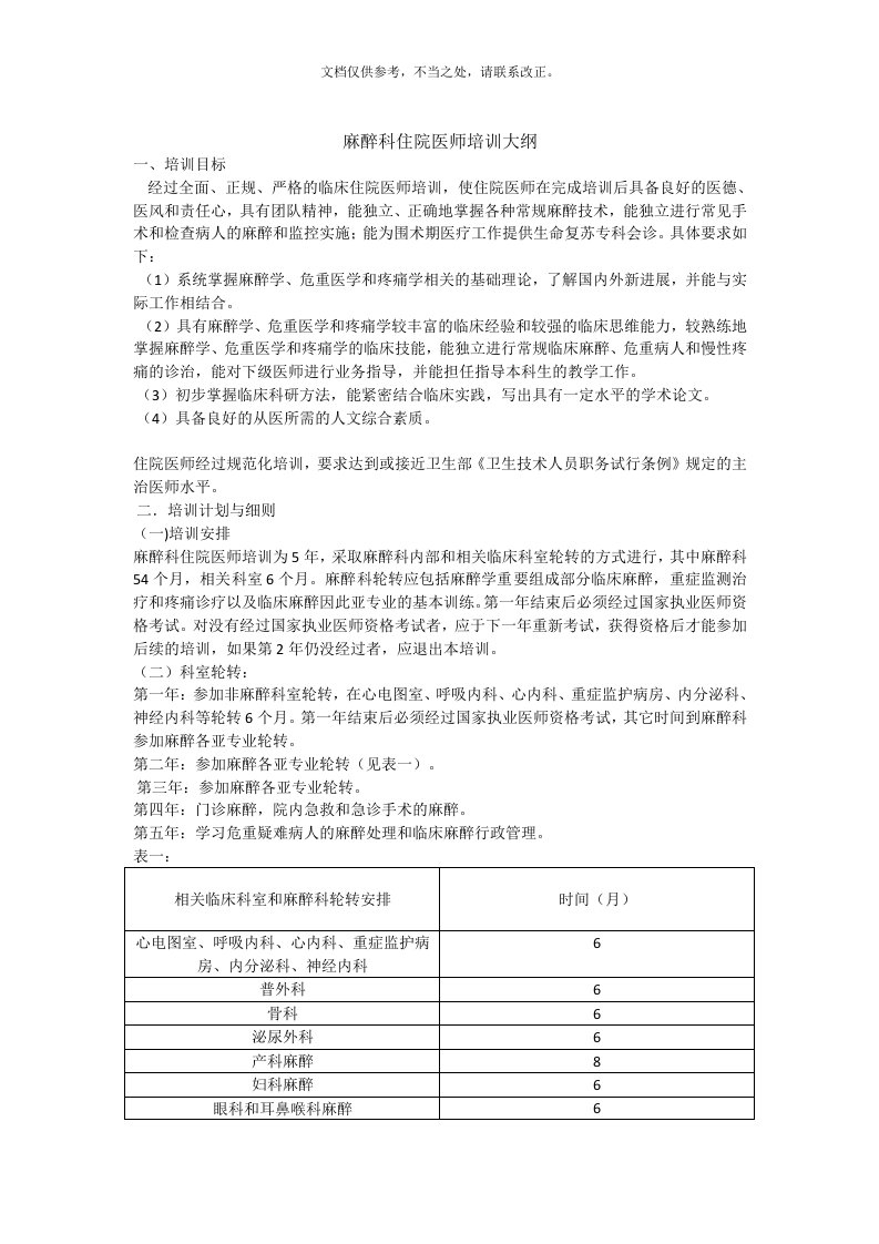 麻醉科人员培训计划