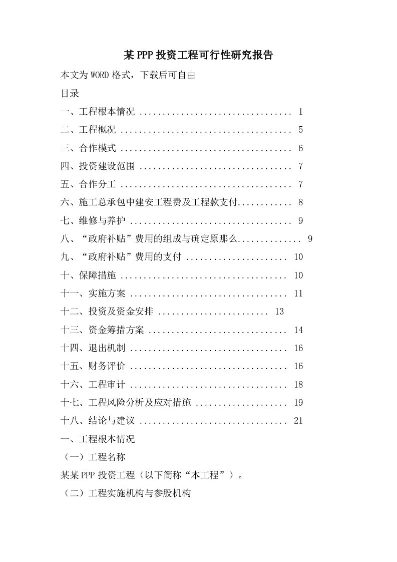 某PPP投资项目可行性研究报告