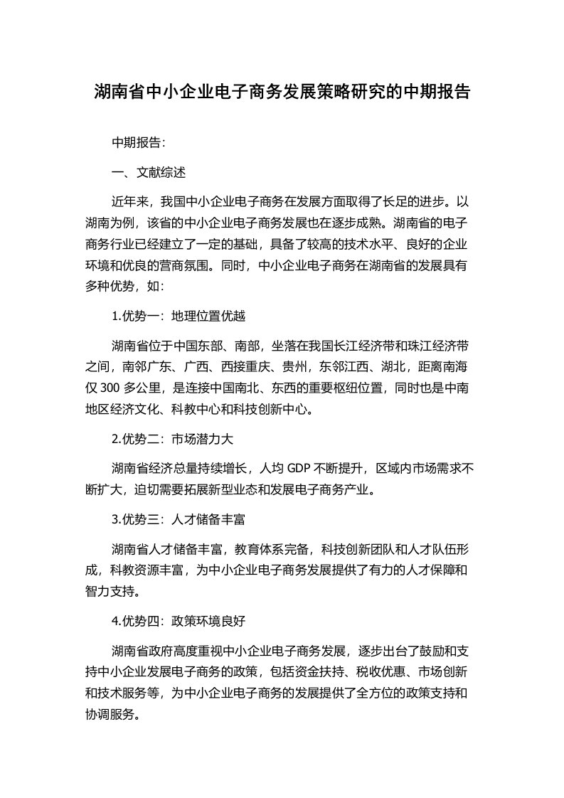 湖南省中小企业电子商务发展策略研究的中期报告