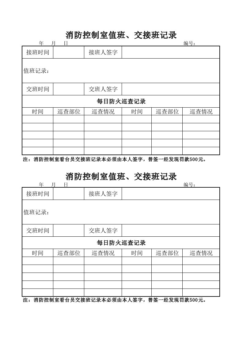 消防控制室值班、交接班记录