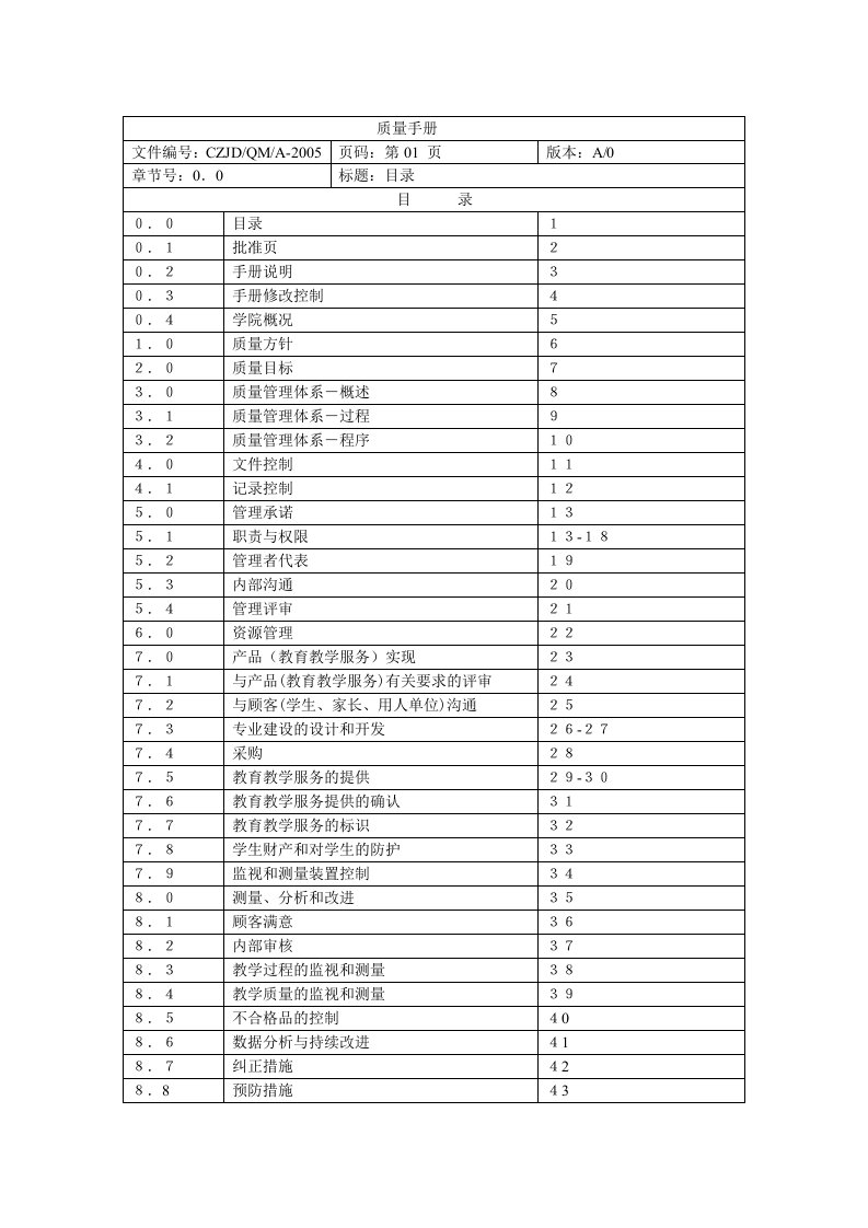 机电职业技术学院质量手册