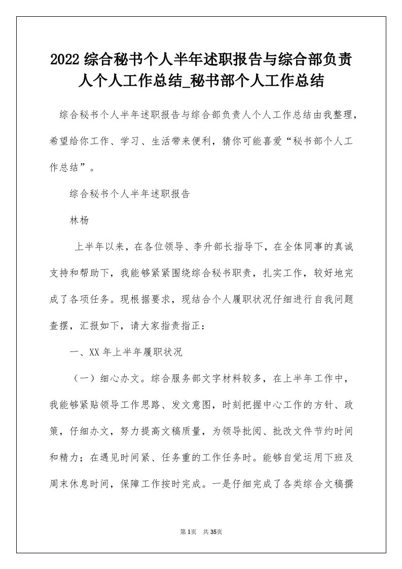 2022综合秘书个人半年述职报告与综合部负责人个人工作总结_秘书部个人工作总结_1