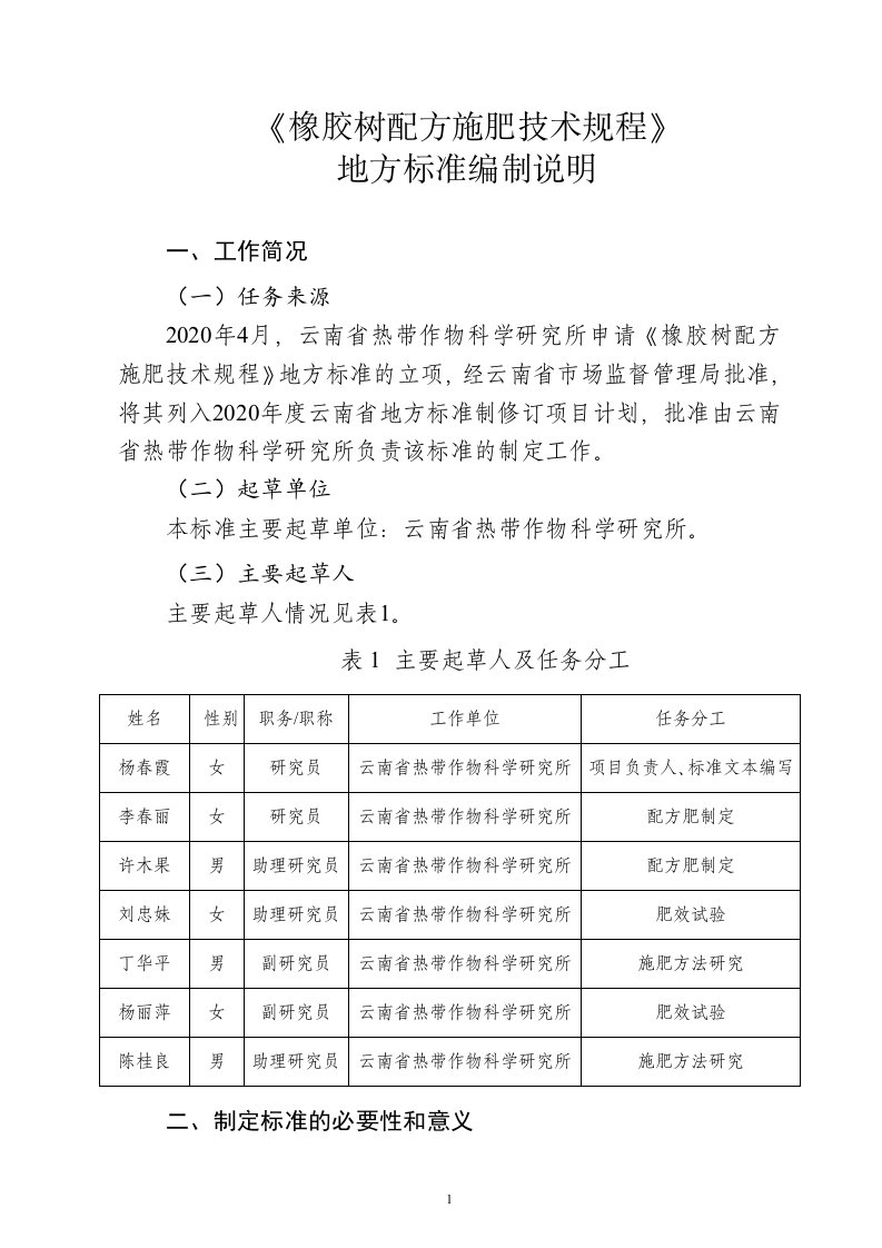 橡胶树配方施肥技术规程编制说明