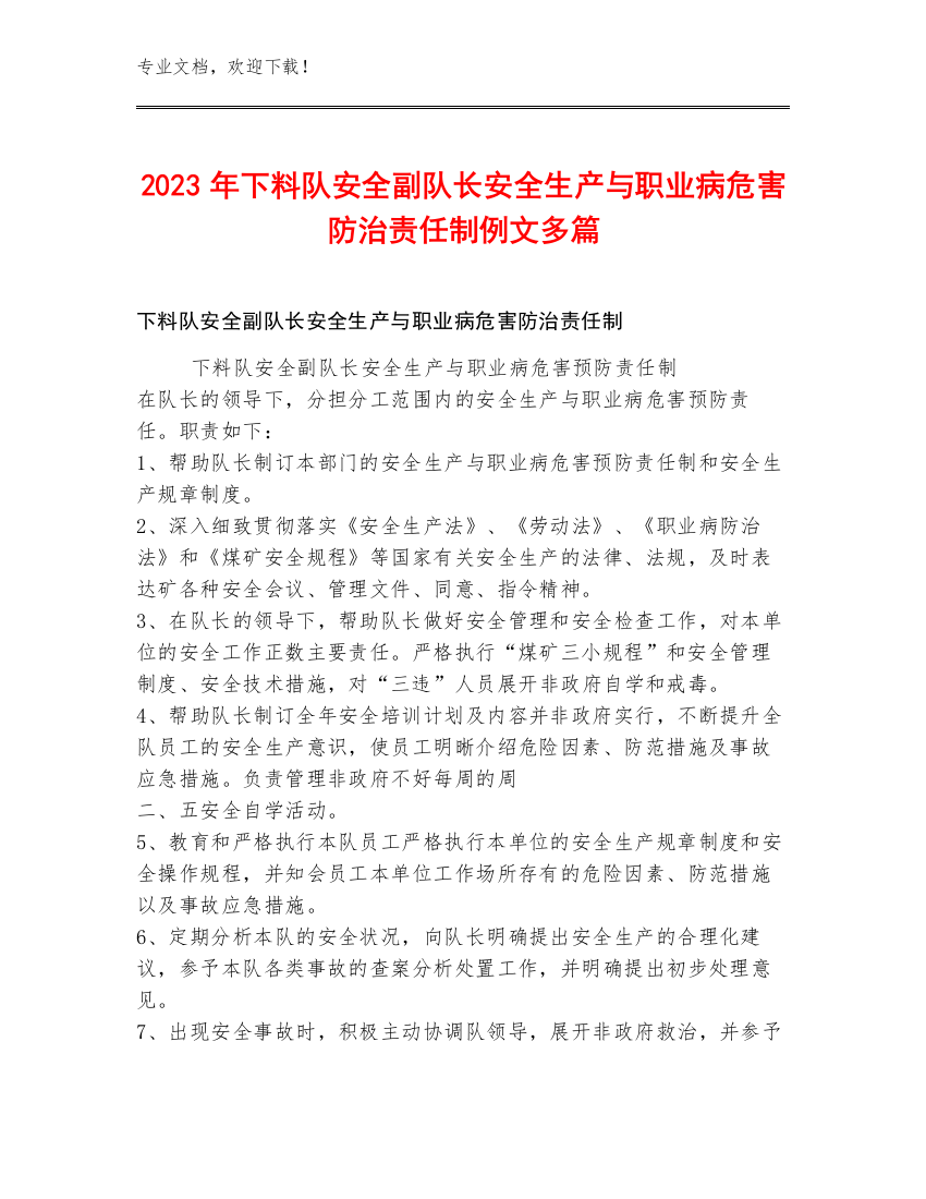 2023年下料队安全副队长安全生产与职业病危害防治责任制例文多篇