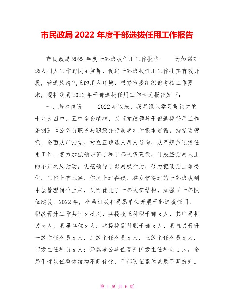 市民政局2022年度干部选拔任用工作报告