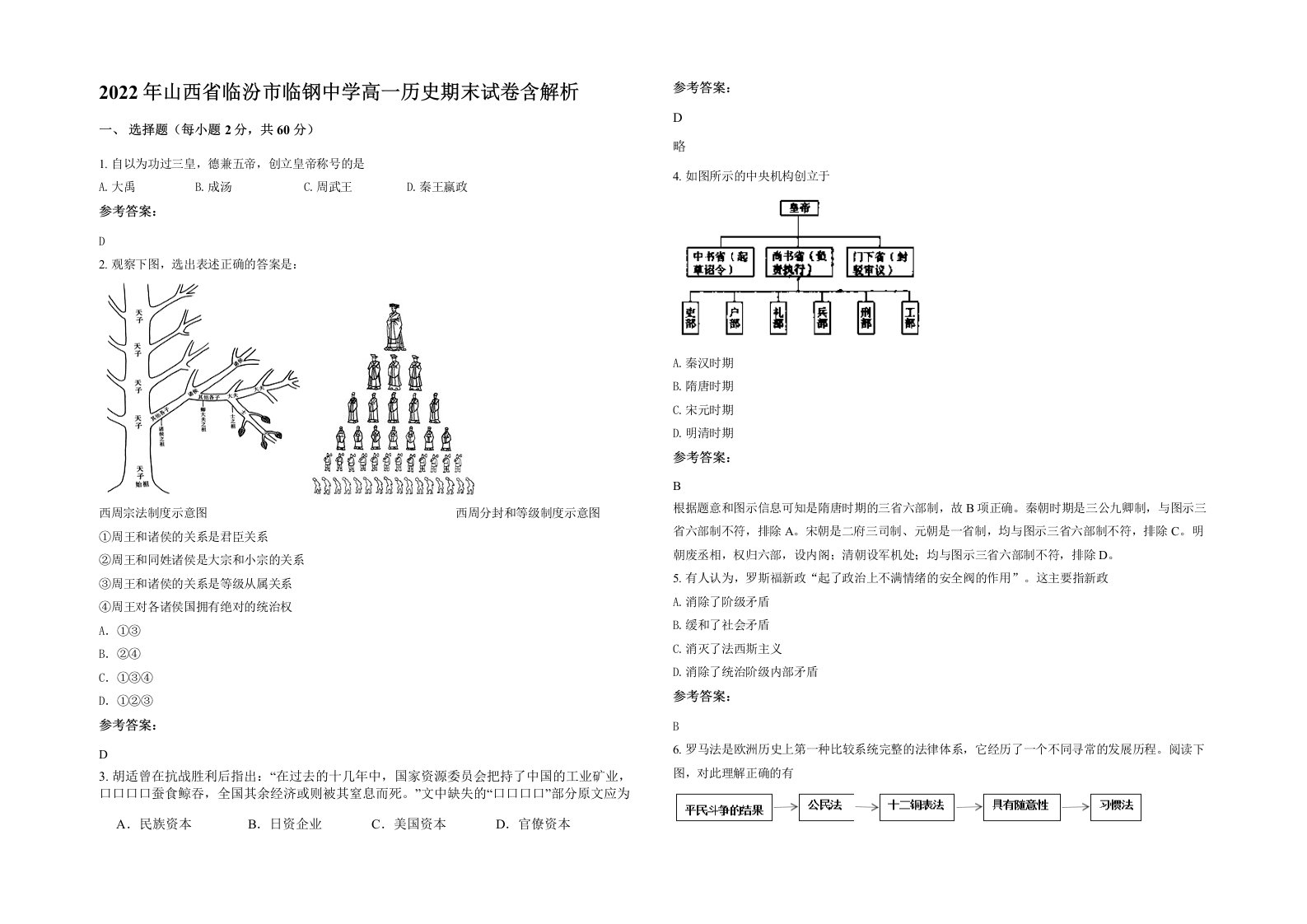 2022年山西省临汾市临钢中学高一历史期末试卷含解析