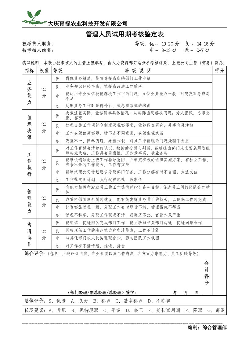 管理人员试用期考核表