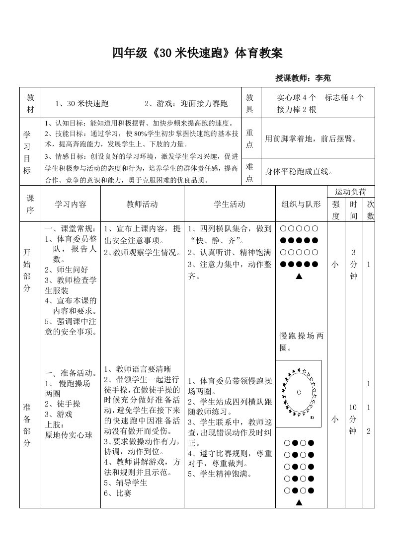 小学四年级体育30米快速跑教案