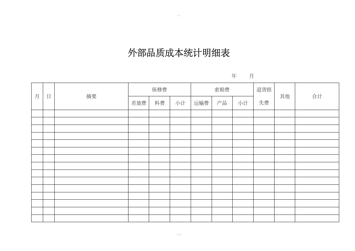 外部品质成本统计明细表