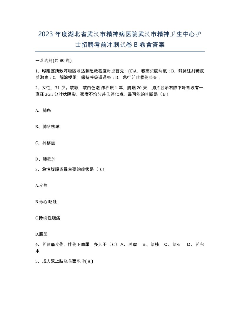 2023年度湖北省武汉市精神病医院武汉市精神卫生中心护士招聘考前冲刺试卷B卷含答案