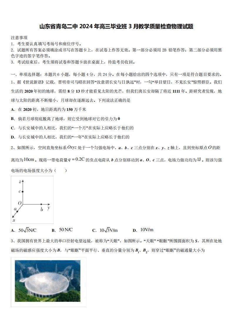 山东省青岛二中2024年高三毕业班3月教学质量检查物理试题