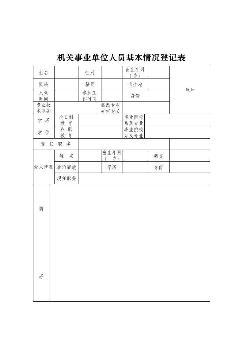 机关事业单位人员基本情况登记表