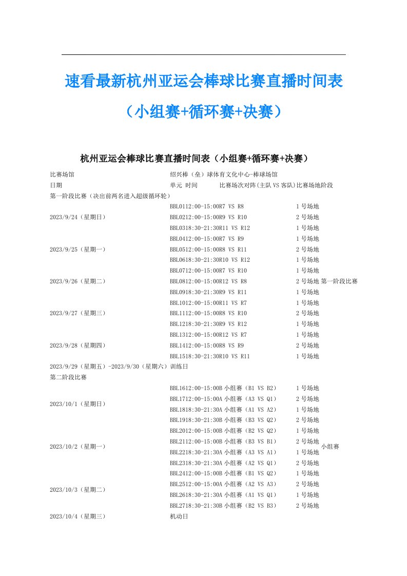 速看最新杭州亚运会棒球比赛直播时间表（小组赛