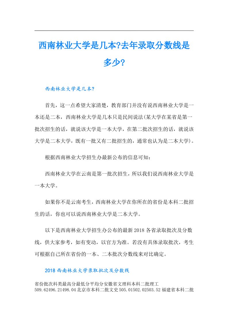 西南林业大学是几本去年录取分数线是多少