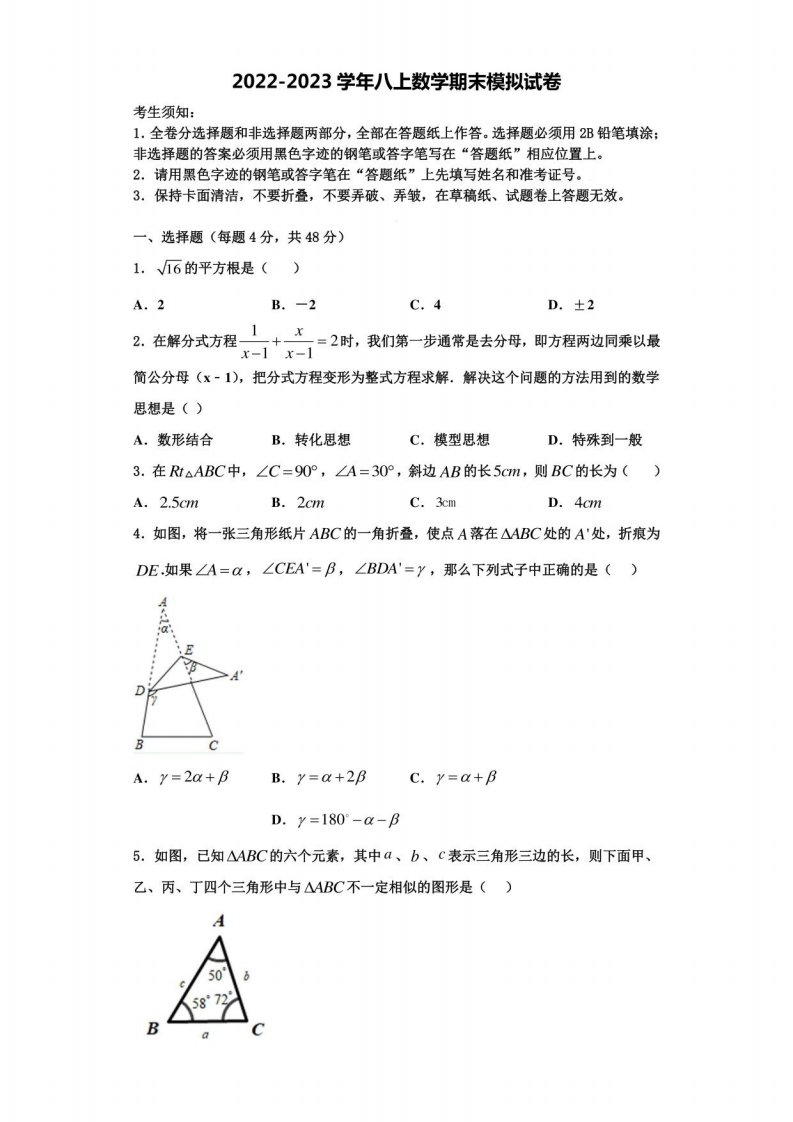 2023届西藏昌都市某中学数学八年级上册期末考试试题含解析