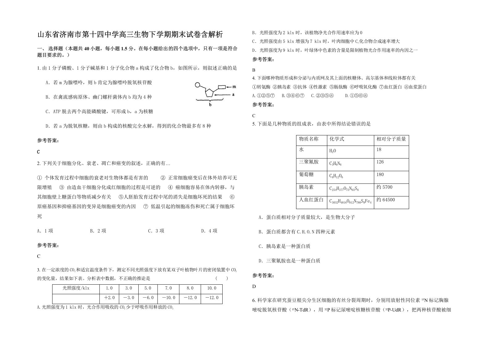 山东省济南市第十四中学高三生物下学期期末试卷含解析