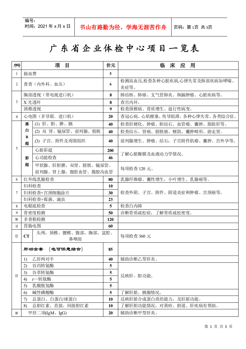 医院体检项目报价表广东银行医院体检项目一览表