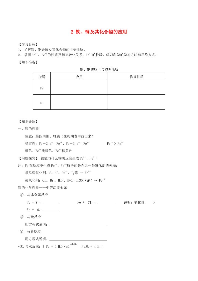 2015-2016学年高中化学专题三第二单元2铁铜及其化合物的应用学案无答案苏教版必修1