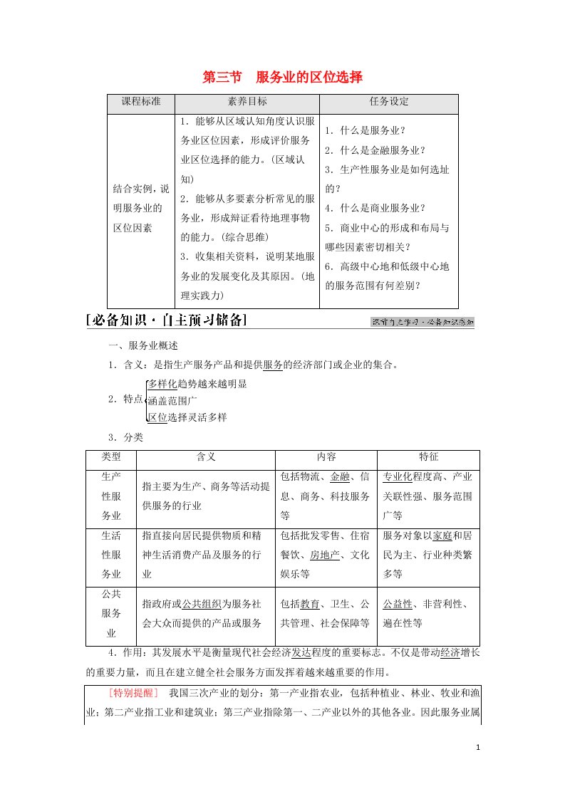 2021_2022学年新教材高中地理第三章产业区位选择第3节服务业的区位选择学案湘教版必修第二册