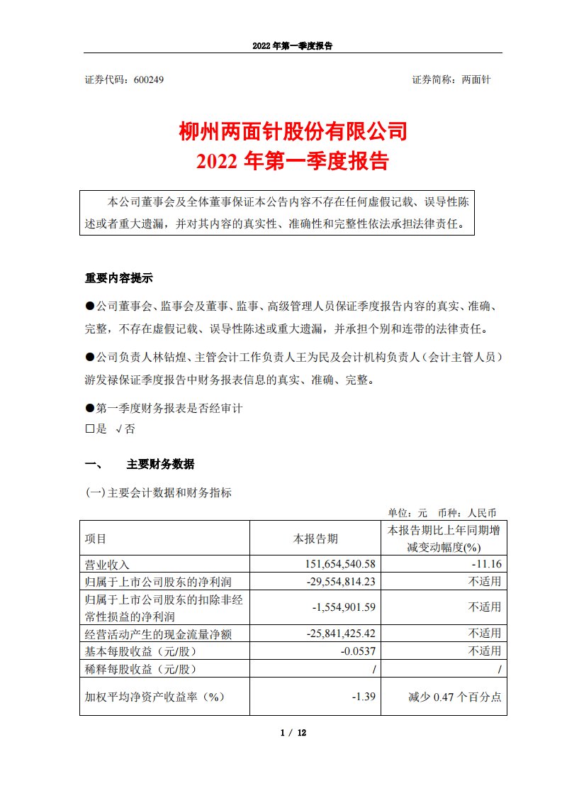 上交所-两面针2022年第一季度报告-20220426