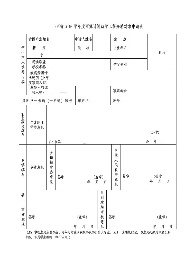 2016雨露计划试点学生申请表