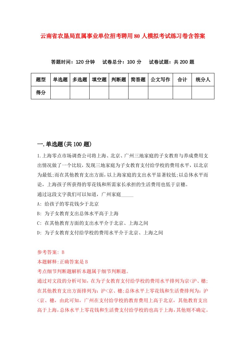 云南省农垦局直属事业单位招考聘用80人模拟考试练习卷含答案第2版