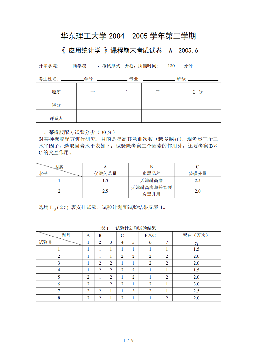 应用统计学试题2005.6(A)(参考答案)