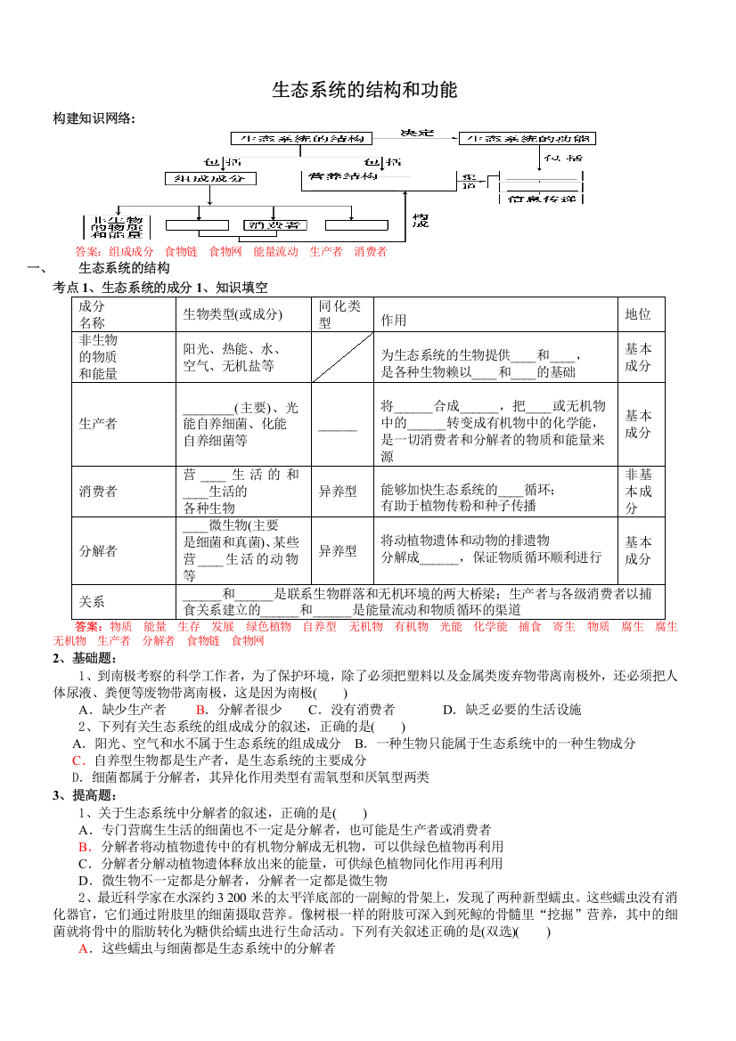 第五章生态系统的结构和功能(复习)答案