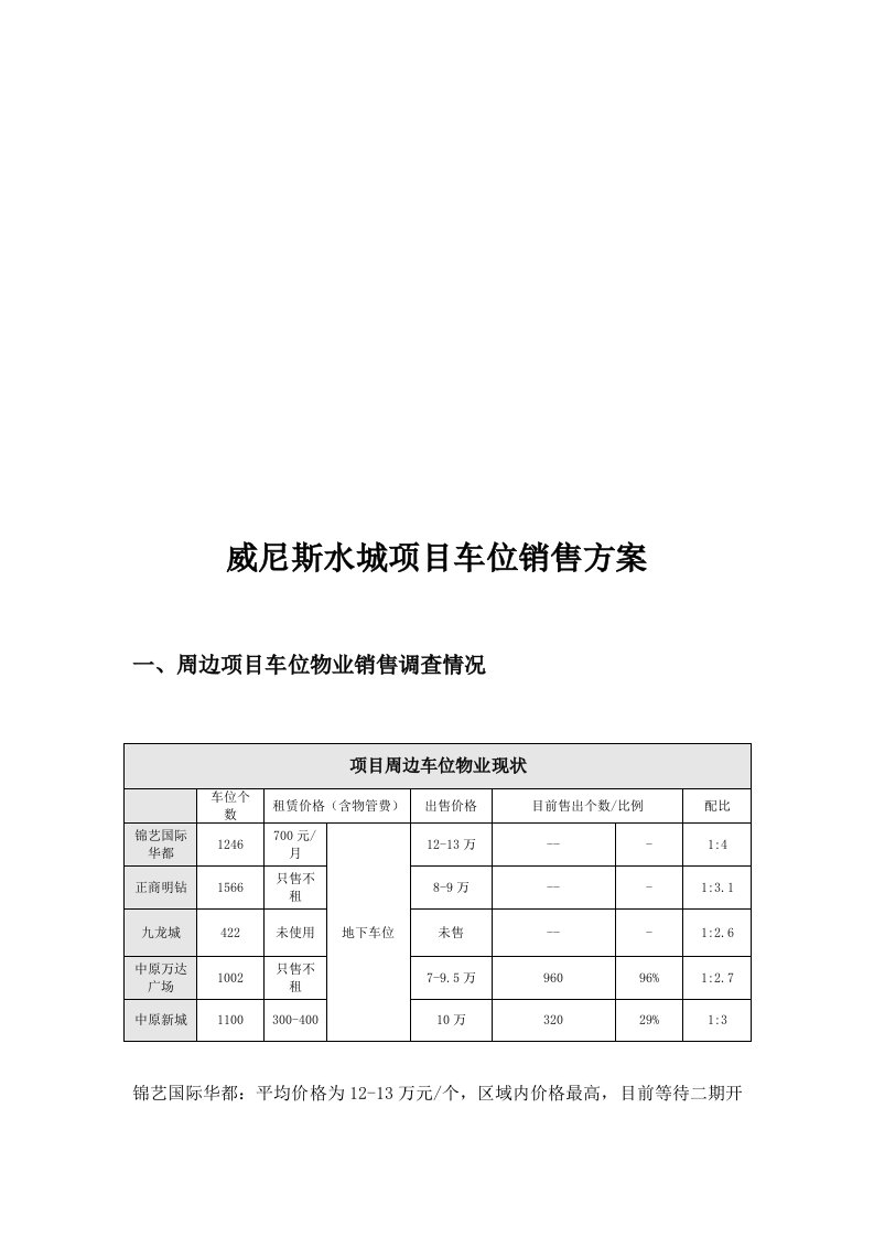 精选某水城项目车位销售方案