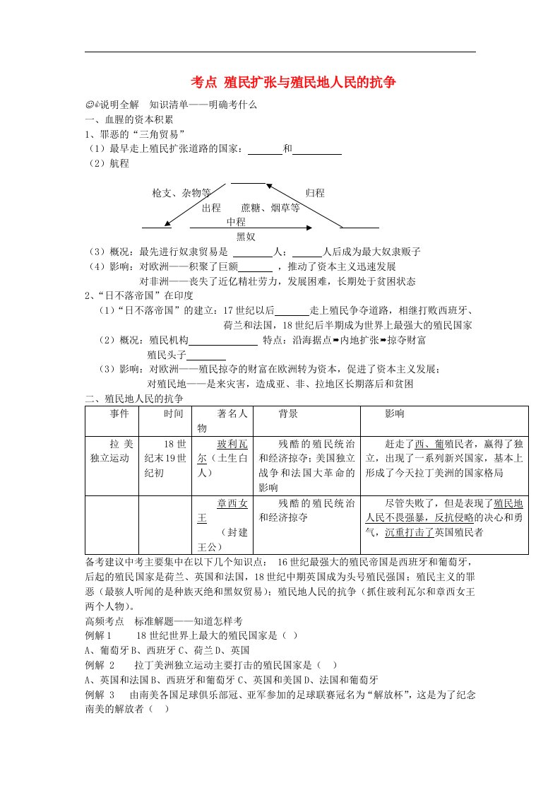 中考历史考点复习考试题7（无答案）