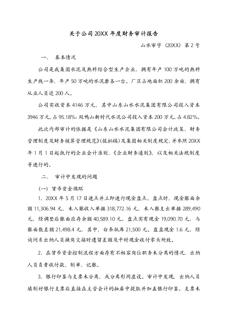 财务收支审计报告例文：X公司