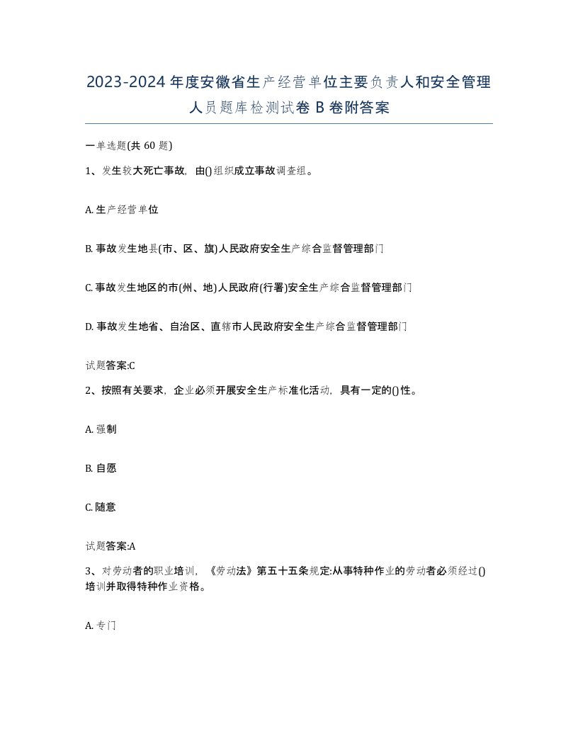 20232024年度安徽省生产经营单位主要负责人和安全管理人员题库检测试卷B卷附答案