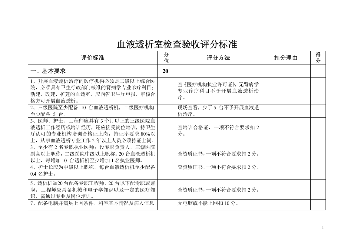 血透室评审验收标准