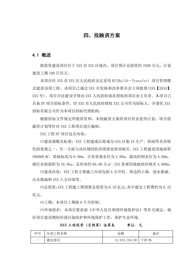 BT项目投融资方案