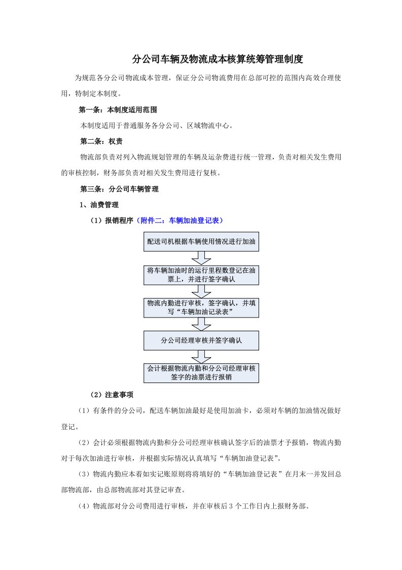 分公司车辆及物流成本核算统筹管理制度