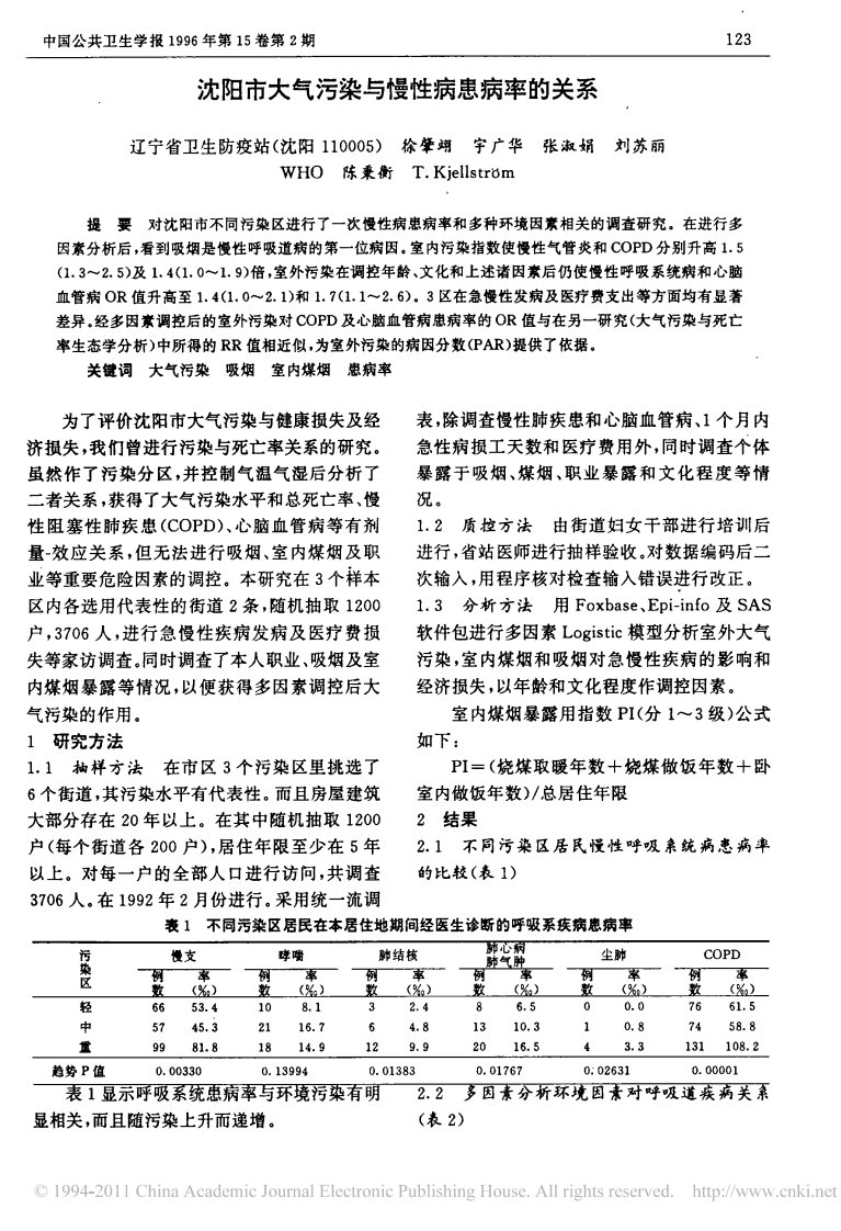 沈阳市大气污染与慢性病患病率的关系