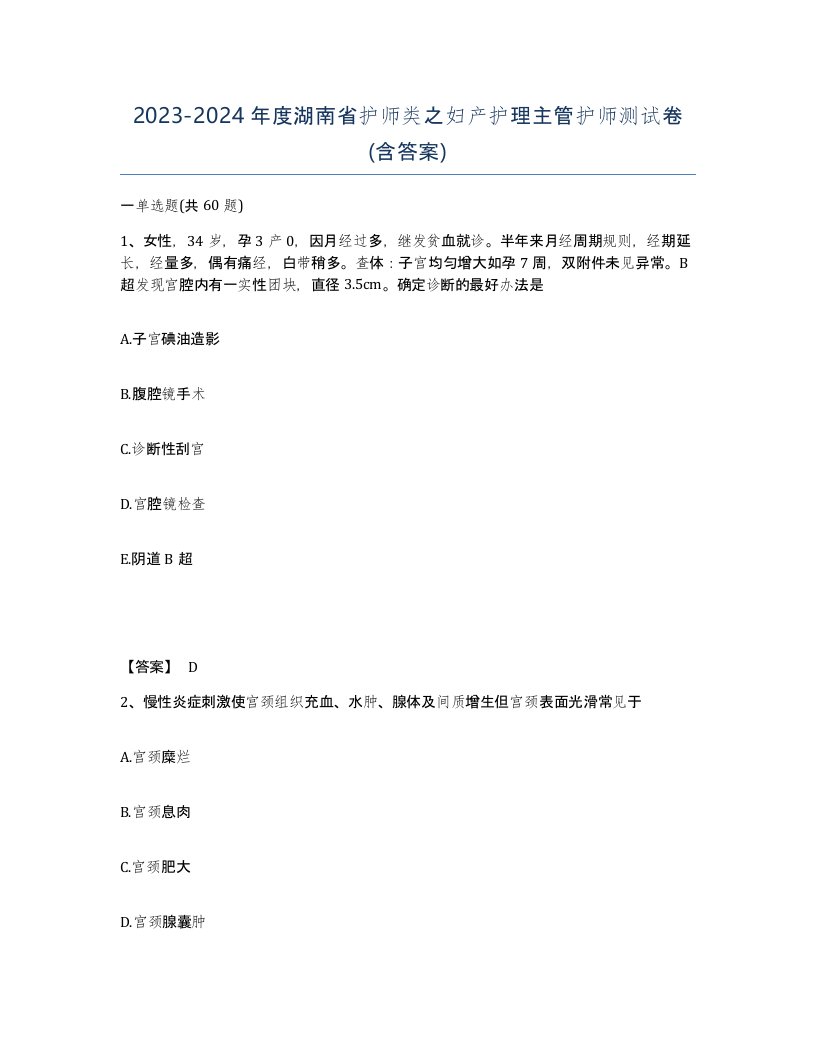 2023-2024年度湖南省护师类之妇产护理主管护师测试卷含答案