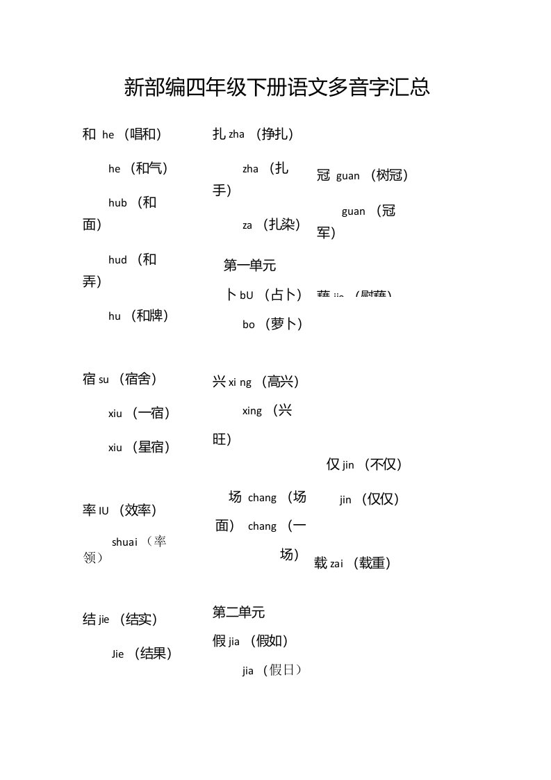 新部编四年级下册语文多音字汇总