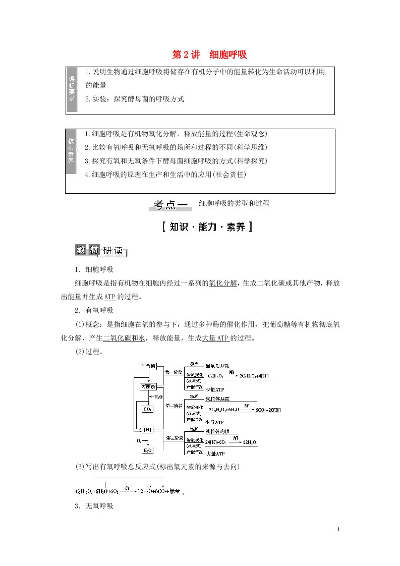 2022版高考生物一轮复习第3单元细胞的能量供应和利用第2讲细胞呼吸学案