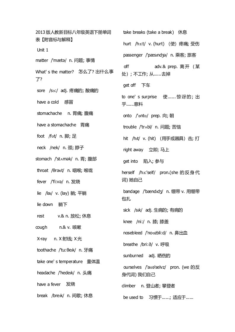 2013版人教新目标八年级英语下册单词表(含音标)