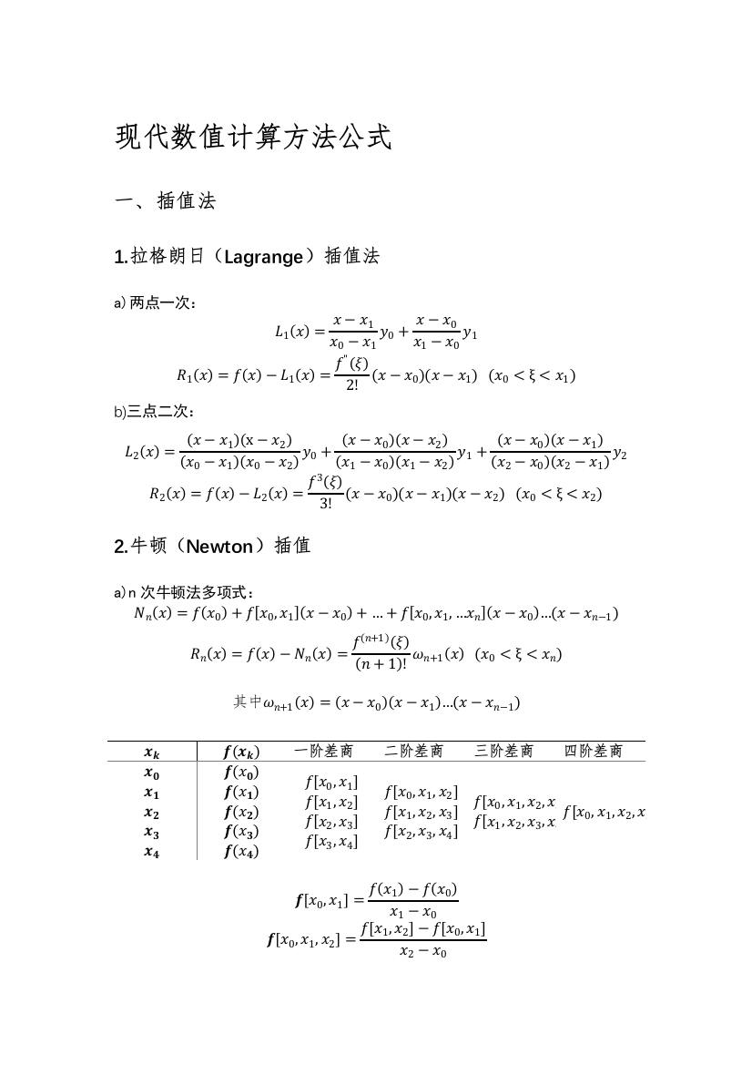 (完整word版)现代数值计算方法公式总结