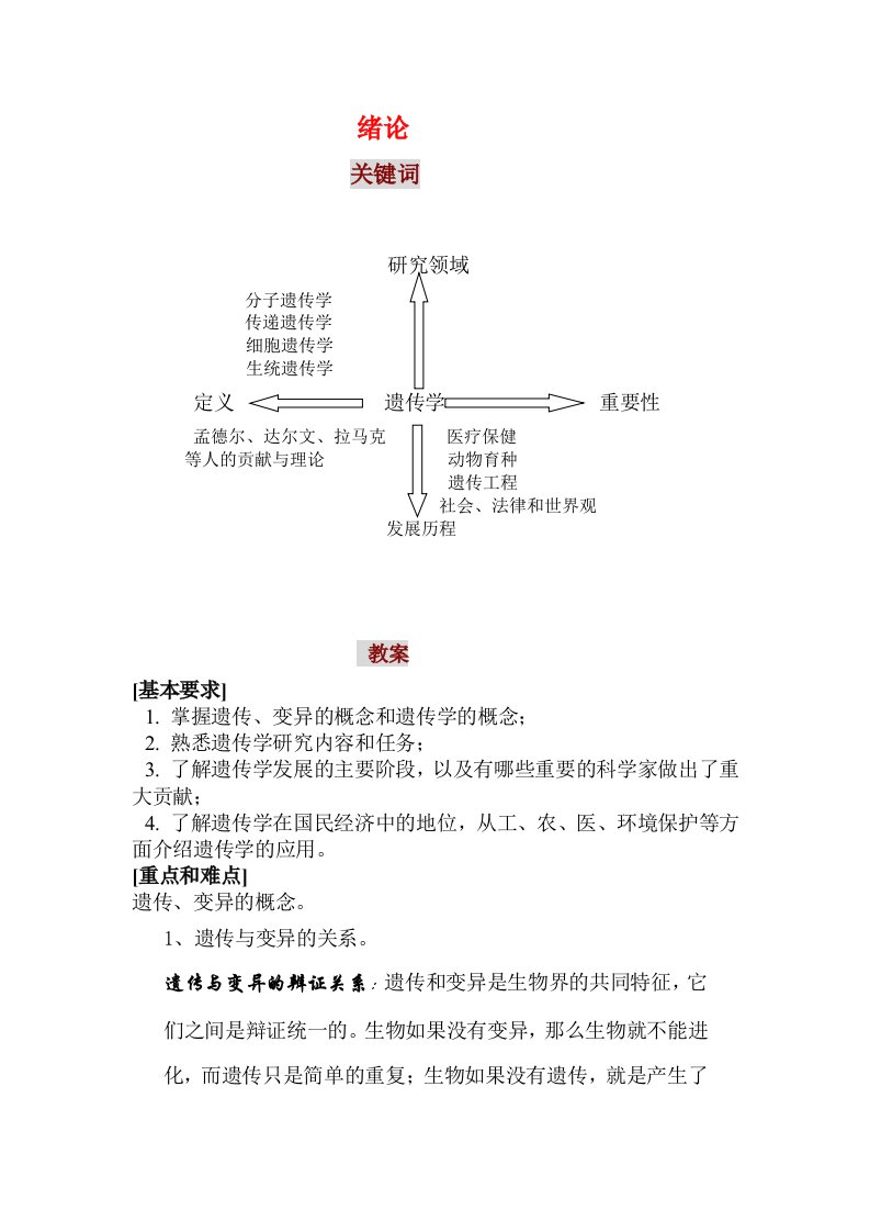 普通遗传学第一、二、三单元的关键词、参考资料及教案